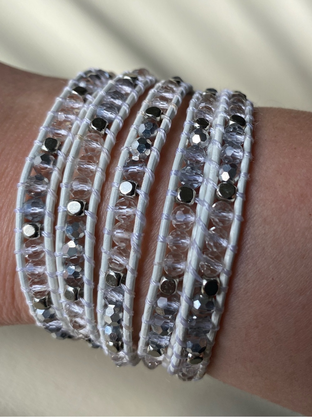 Victoria Emerson Silver & translucent beads White real leather Bracelet Like New
